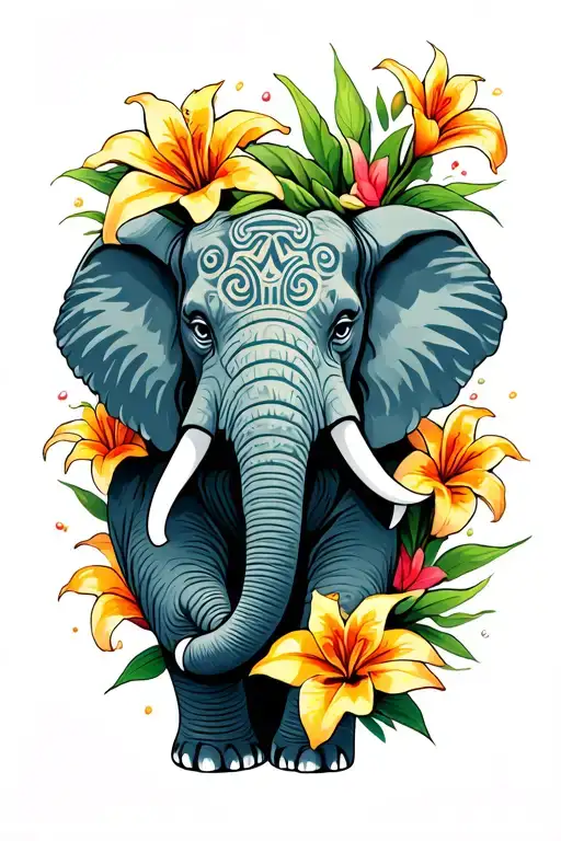 Maori Elephant Fecing Straight Around Multiple Lillies Growing