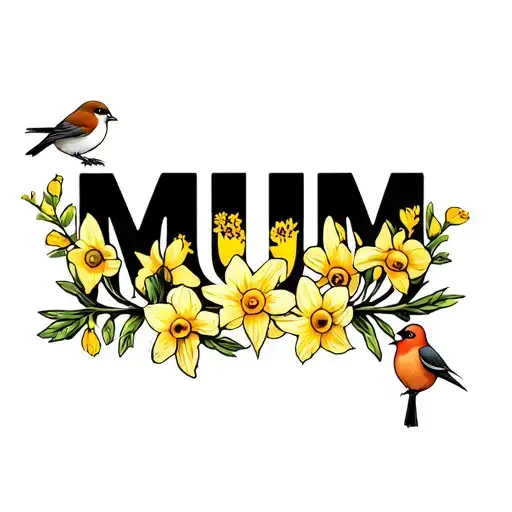 The Word Mum With A Daffodil And Robin Intertwined