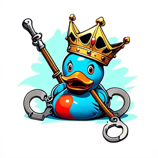 Red Rubber Duck With Kings Crown Handcuffs And A Riding Crop
