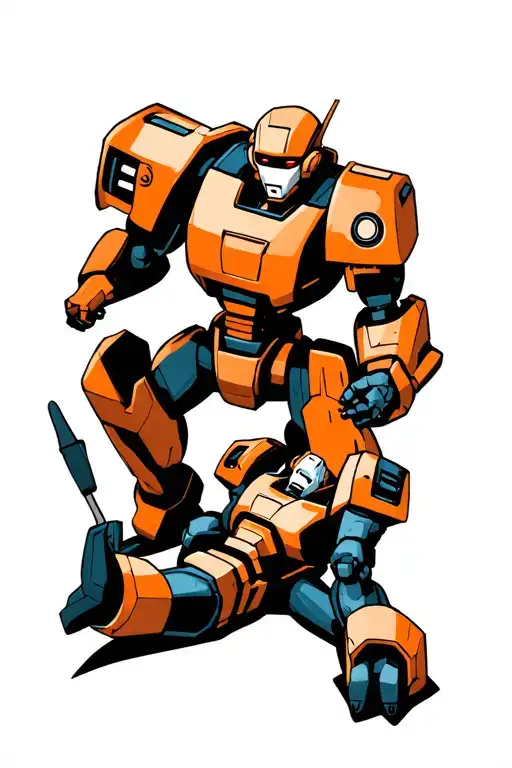 Two Robots Fought And One Is Lying Below The One Who Won And Fite In The Background