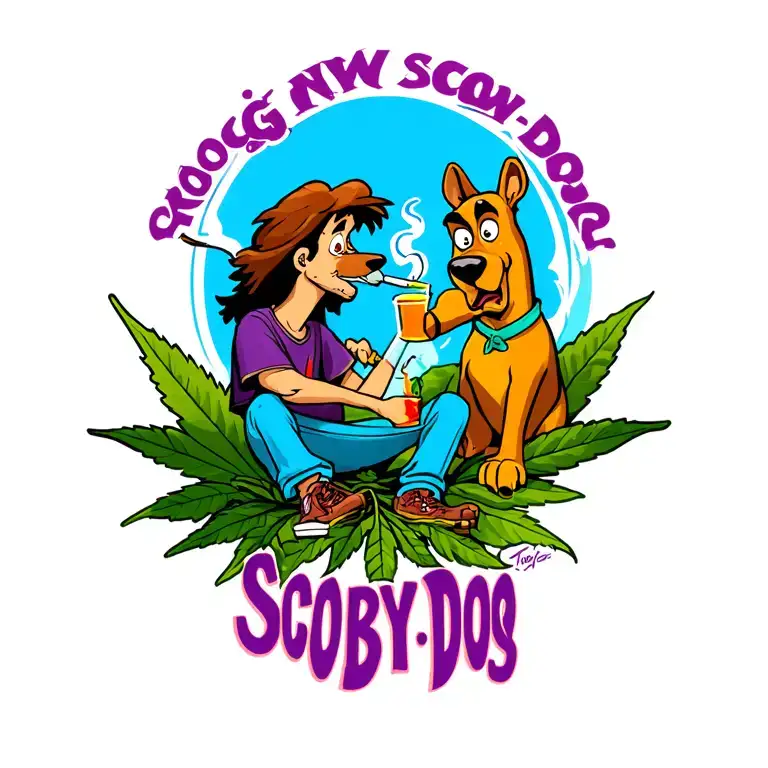 Shaggy Smoking A Blunt& Lighting A Bong For Scooby-doo Sitting On A Big Pot Leaf Outside