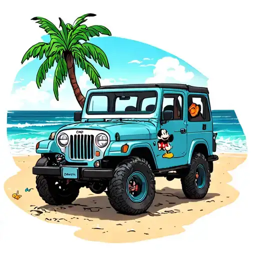 A 4 Door Jeep On The Beach With The Ocean In The Back Ground With Palm Trees And Mickey Mouse