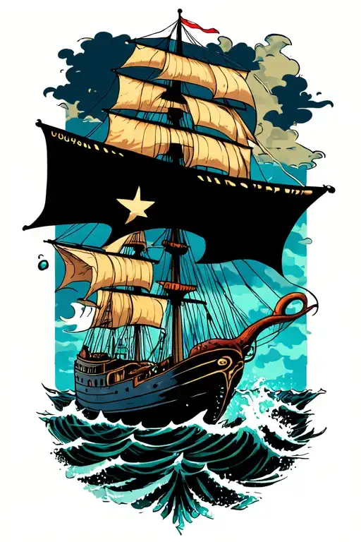 Octopus Destroying Ship Sailing Through Stormy Seas Tattoo idea