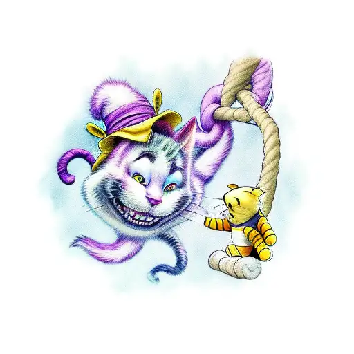 Cheshire Cat And Winnie The Pooh Sitting On A Swing