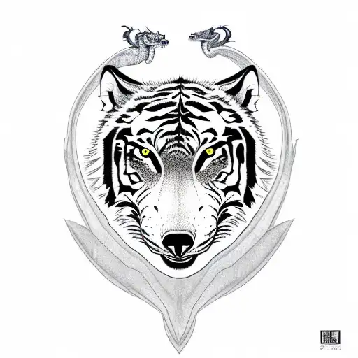 Dragon Protecting A Wolf And A Tiger