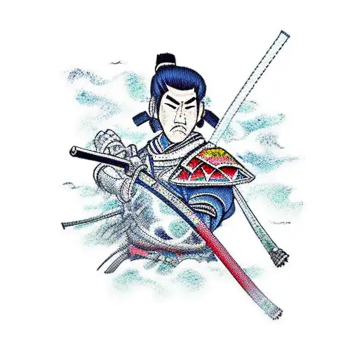 A New-school Tattoo Of A Samurai Surrounded By Animated Characters From Classic Japanese Anime