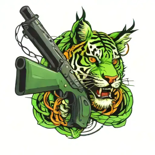 Green Tiger Head With Guns Intertwined