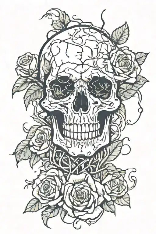 Broken Skull With Vines And Roses Growing