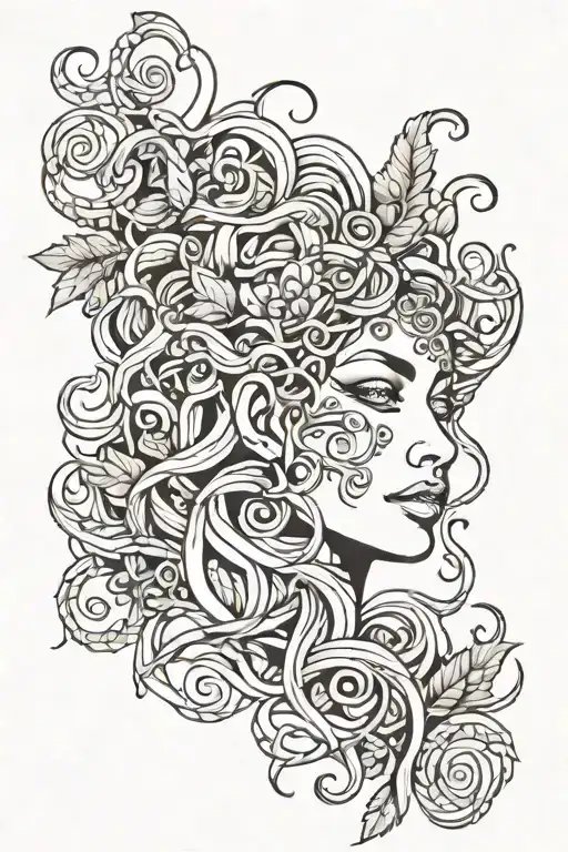 Outline Woman's Face Medusa Including Vines And Mandala