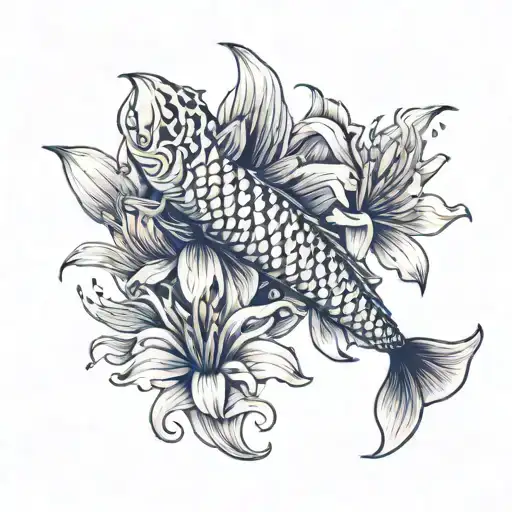 Koi Fish Swimming In A Stream Of Spider Lilly Flowers