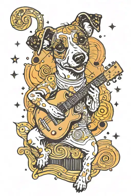 Trippy Scenery Of A Brindle Jack Russel Puppy Playing Music On A Cosmic Guitar