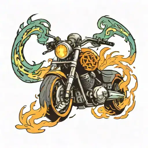 A Fierce Motorcycle Riding Through Flames With A Nordic Rune Symbol Embedded In The Design