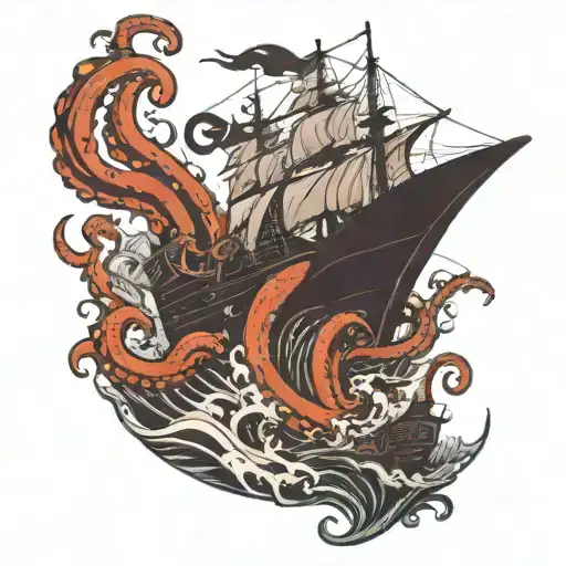 A Giant Octopus Battling A Warship In A Stormy Sea