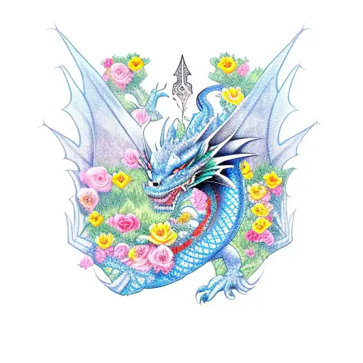 Dragon With A Sword With Flowers