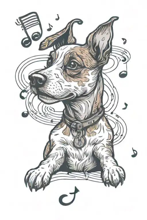 A Brindle Jack Russel Puppy Howling At The Moon With Musical Notes Floating Around It