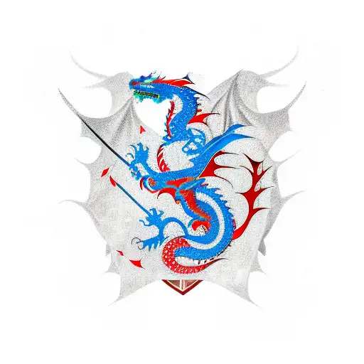 Dragon Red And Blue And Wise And Powerfull With A Sword And A Blond Woman