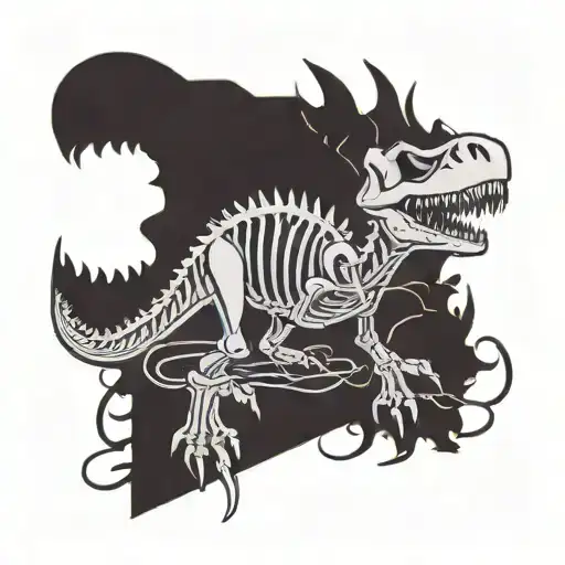 A Traditional Style Tattoo Of A Dinosaur Skeleton Intertwined With Cursive Script Of Izak's Name