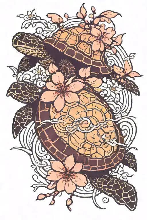 Cherry Blossoms And Turtle Surrounded