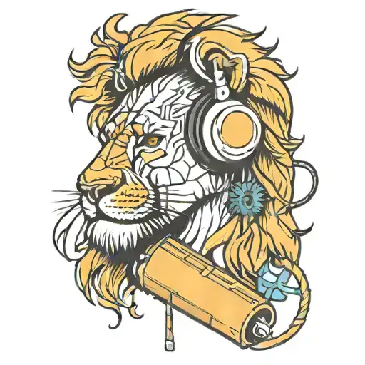 Lion Head Wearing Headphones And Listening