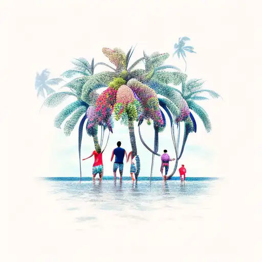 Sea Palm Tree And Four People Family