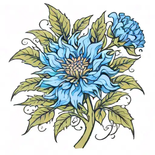 A New-school Design Featuring A Blue Cornflower Blooming From The Branches Of An Oak Tree