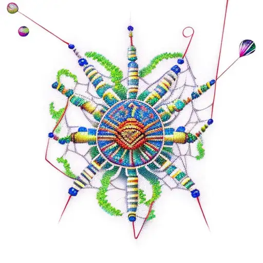 A Vibrant New-school Tattoo Of A Beaded Spider Weaving A Web Among Lush Vines