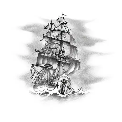 A Large Pirateship With A Skeleton Crew Sailing In Rough Waters