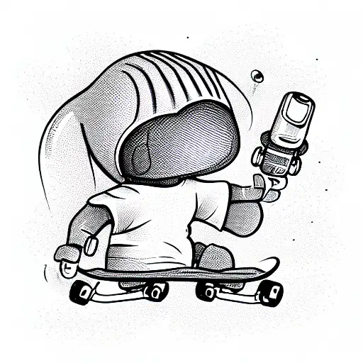 Small Cute Alien On A Skateboard Wearing Earbuds