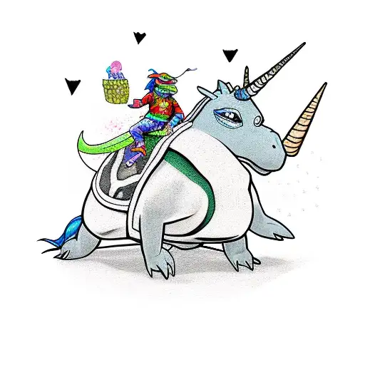 A New-school Style Tattoo Of A Ninja Turtle Playing With A Unicorn