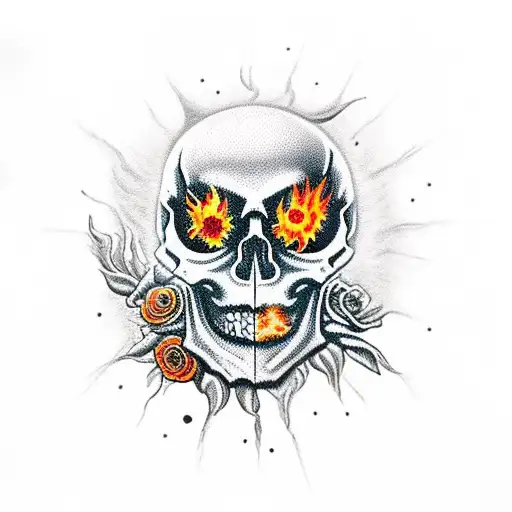 Skull With Flower In An Eye And Fire In The Other
