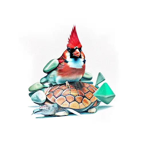 A Cardinal Perched Atop A Pile Of Jade Stones With A Tortoise In Front With An Orange H