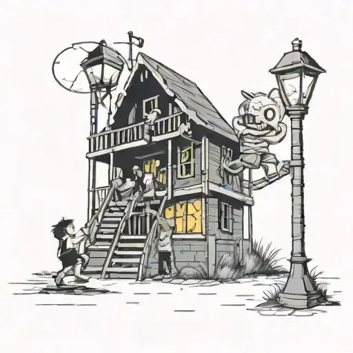 Horror Characters As Children Playing On A Playground At Night With A Street Light On Nearby