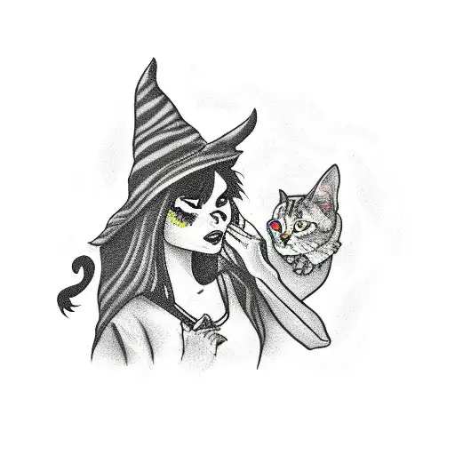 A Witch Casting A Spell With A Cat Familiar By Her Side