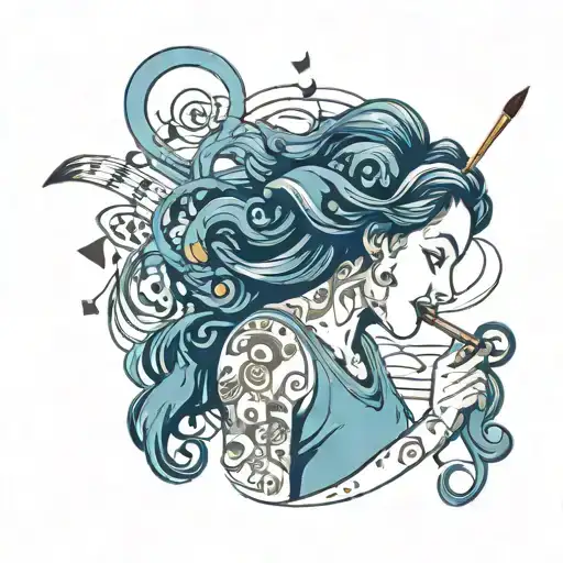 A New-school Design Of A Mother Holding A Paintbrush With Musical Notes Swirling Around Her