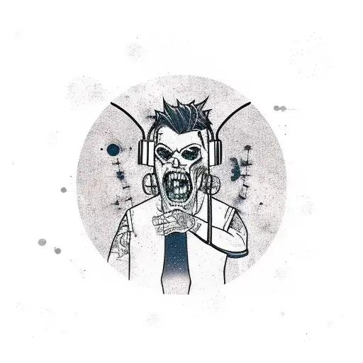 A New-school Tattoo Of A Vampire Dj Mixing Music In Front Of A Grunge Background