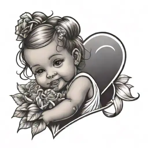 Smiling Baby Girl With Flowers And Heart
