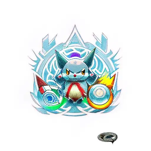 A New-school Style Tattoo Of The Elden Ring Logo With Pokemon Characters Incorporated In The Design