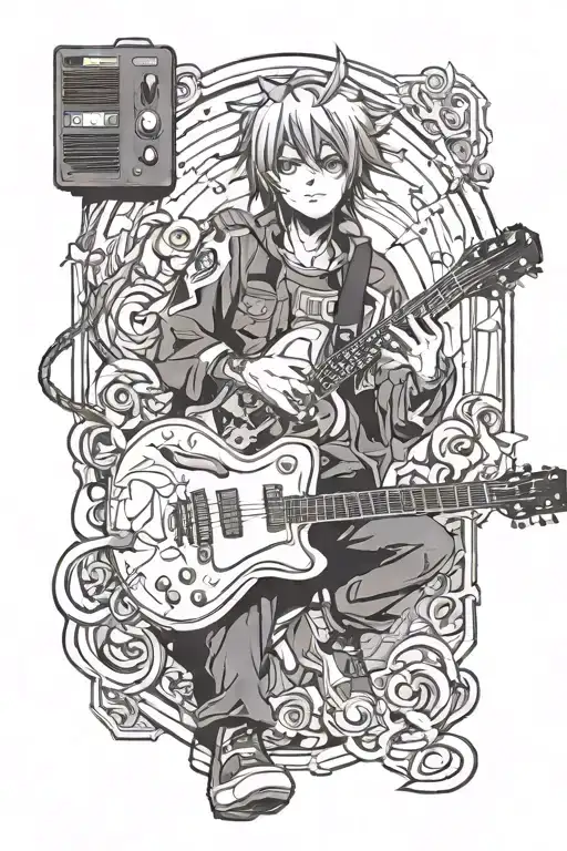 A Tattoo Of An Anime Character Playing Guitar On A Movie Screen