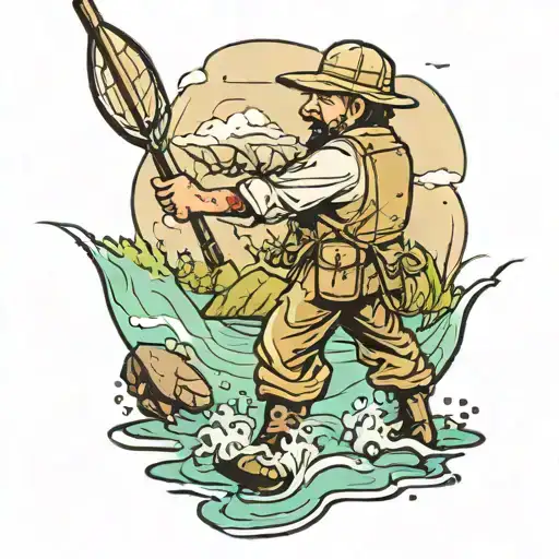 A New-school Style Tattoo Of A Fisherman Casting A Line In A Creek