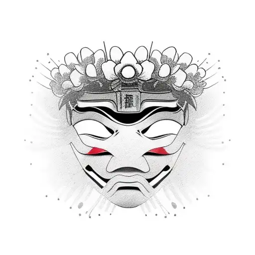 Samurai Mask Looking Down On Flowers
