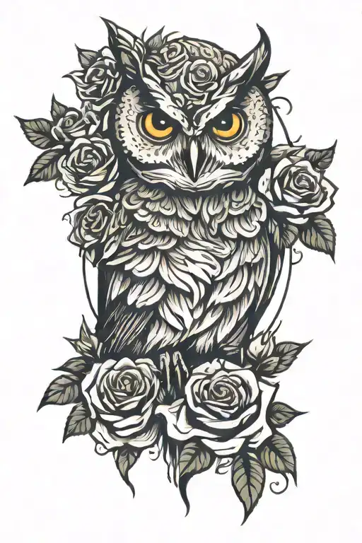 Owl And Roses Surrounding Them