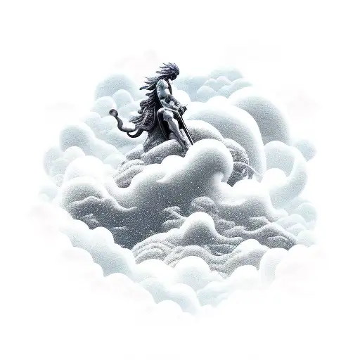 Poseidon Riding A Cloud In Japanese Architectural Style
