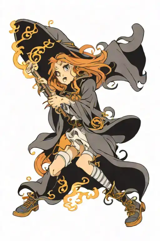 An Anime-inspired Design Of A Witch Casting A Spell With A Magical Wand