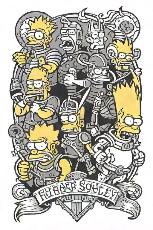 A Crossover Tattoo Featuring Characters From Simpsons And Futurama In A Norse Mythology Setting