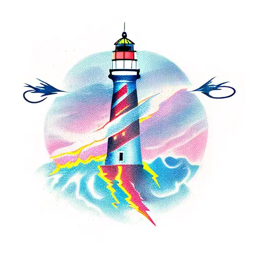 A Dynamic Tattoo Featuring A Lightning Bolt Striking A Lighthouse In The Ocean