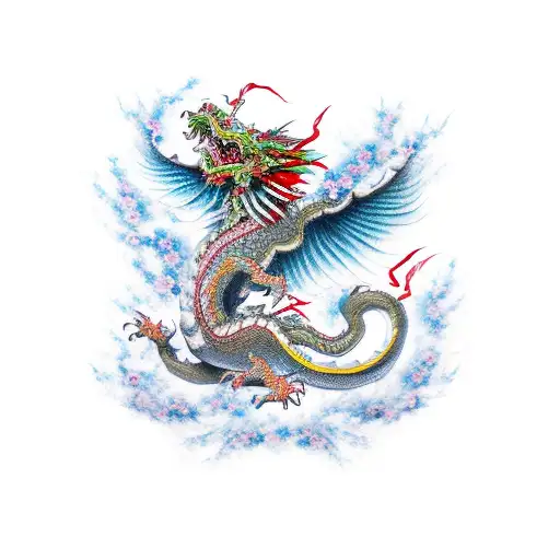 Cherry Blossom Petals Swirling Around A Fierce Japanese Dragon