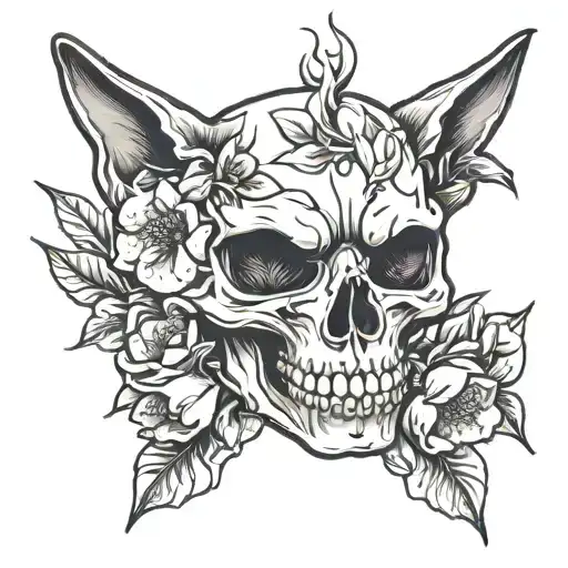 Cat Skull And Magnolia Flowers