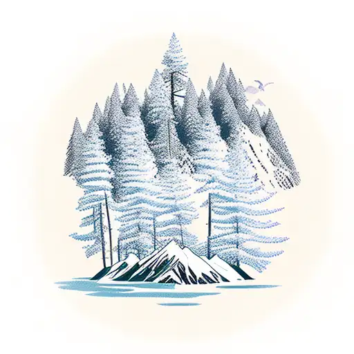 Mountain Range With Trees And Lake Under