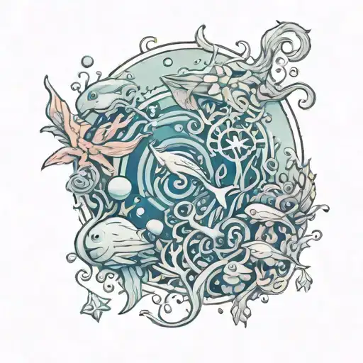 An Underwater Scene With Ocean Creatures And Wiccan Elements