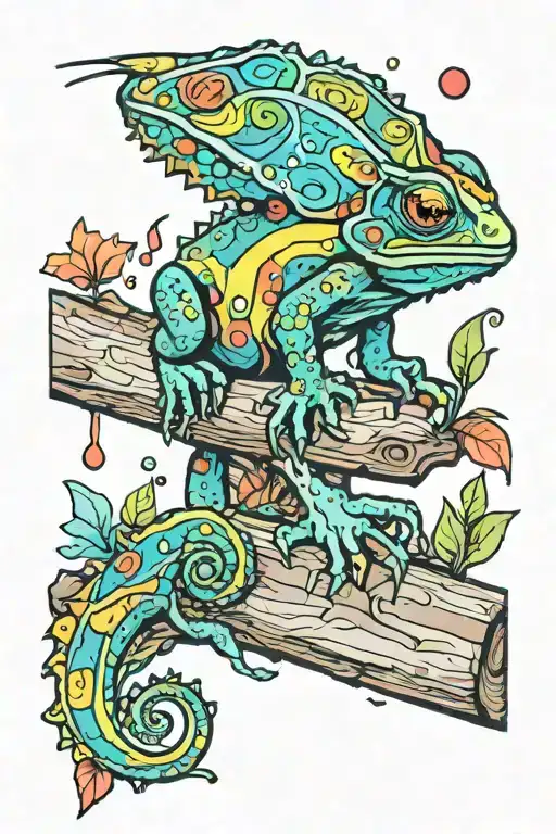 Drippy Rainbow Pattern Chameleon On Log